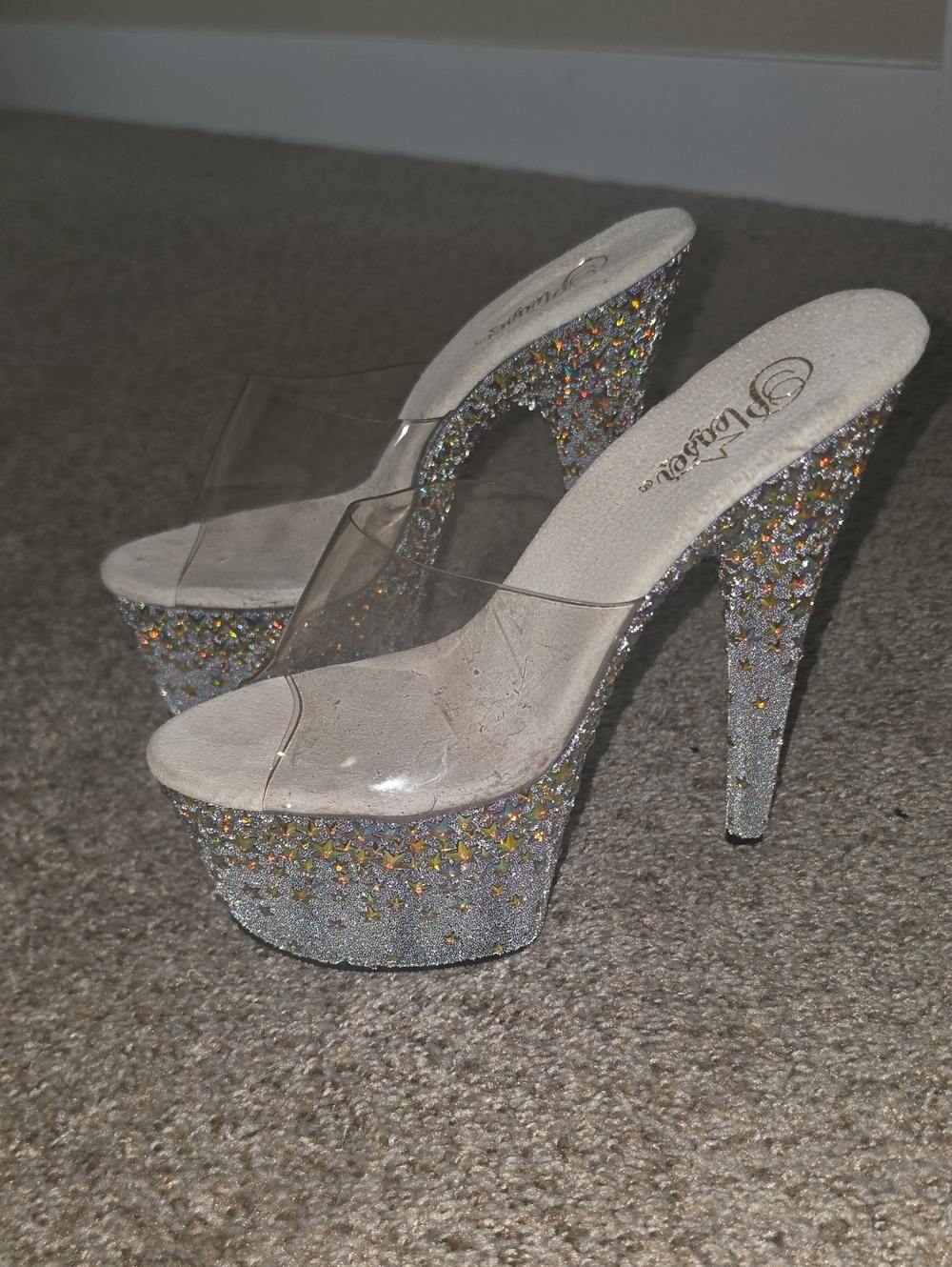 Clear Strap Silver Glitter Platform Pleaser Heels